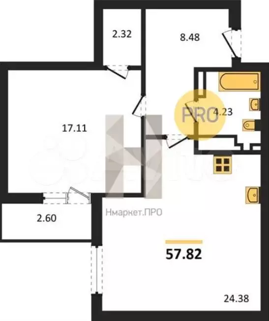 1-к. квартира, 57,8 м, 9/9 эт. - Фото 1