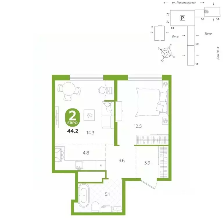2-к кв. Тюменская область, Тюмень ул. Лесопарковая, 22 (44.2 м) - Фото 1