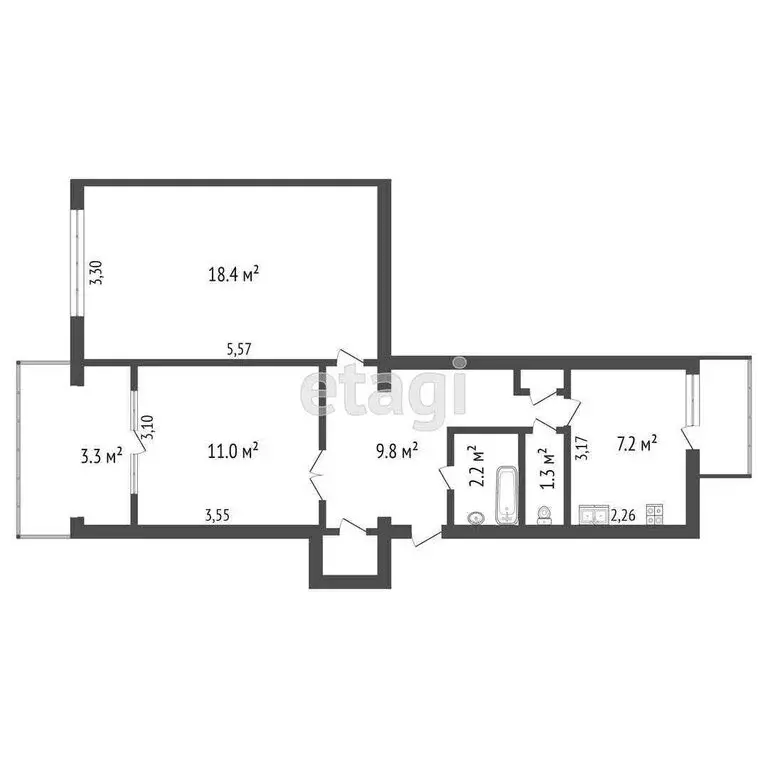 2-комнатная квартира: посёлок Кача, улица Авиаторов, 29 (54.4 м) - Фото 0