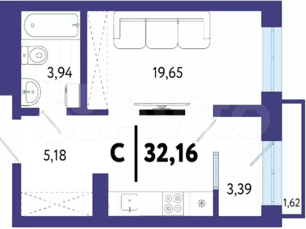 Квартира-студия, 32,2 м, 8/13 эт. - Фото 1