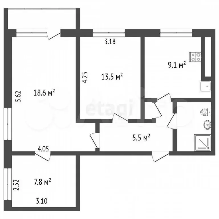 3-к. квартира, 57 м, 3/9 эт. - Фото 0