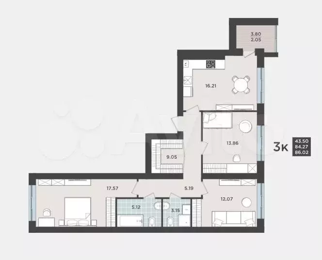 3-к. квартира, 84 м, 2/9 эт. - Фото 1