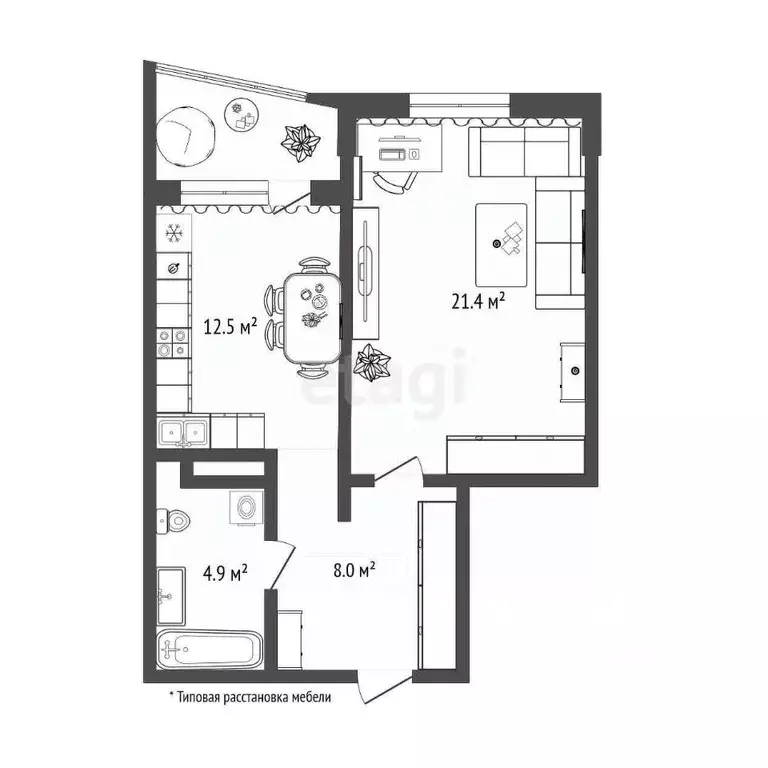 1-к кв. Тюменская область, Тюмень Заречный проезд, 39А (46.8 м) - Фото 2