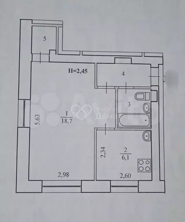 1-к. квартира, 32,6 м, 2/5 эт. - Фото 0