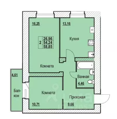 2-к кв. Ярославская область, Ярославль Шпальная ул., 30 (58.85 м) - Фото 1