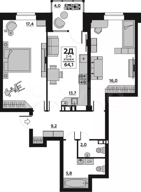 2-к. квартира, 64,1 м, 6/6 эт. - Фото 0