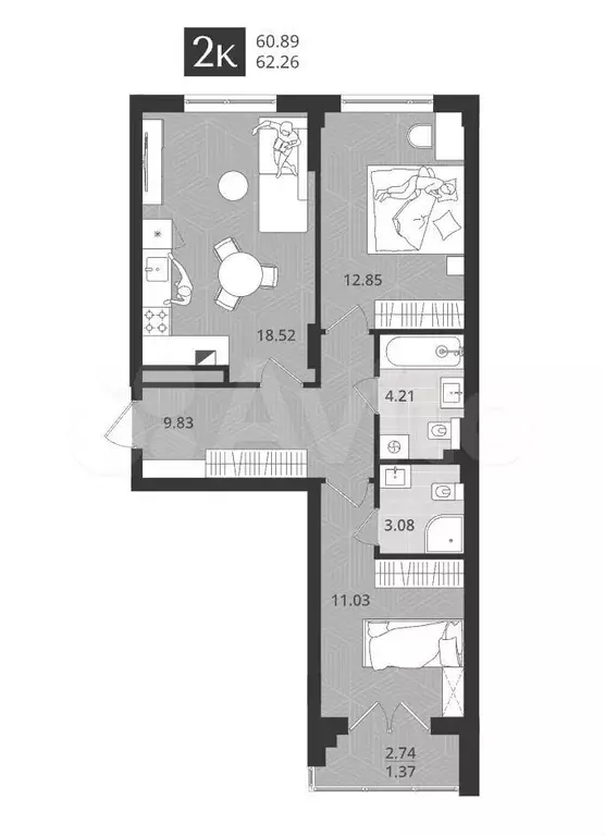 2-к. квартира, 60,9 м, 1/4 эт. - Фото 1
