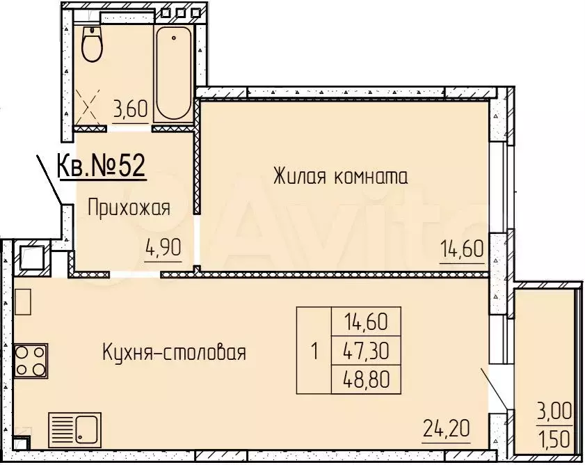 2-к. квартира, 49 м, 1/4 эт. - Фото 0