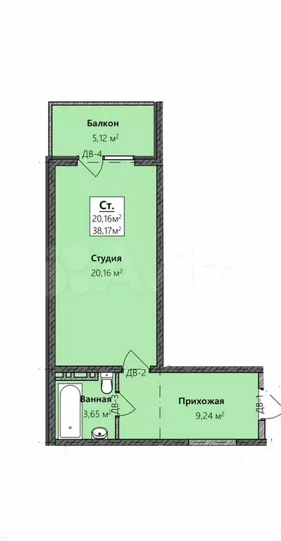 Квартира-студия, 38 м, 6/9 эт. - Фото 0