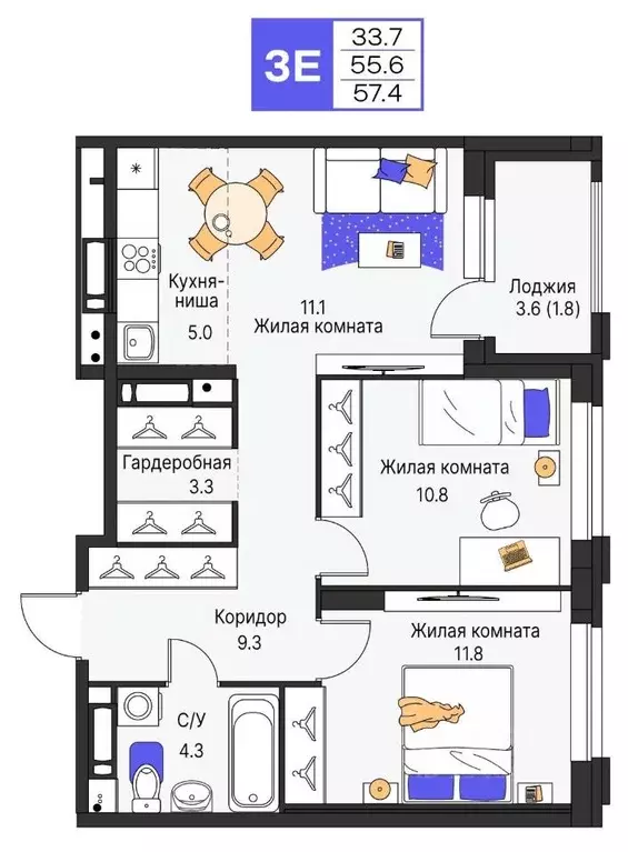 3-к кв. Пермский край, Пермь ул. Карла Модераха, 7 (57.4 м) - Фото 1