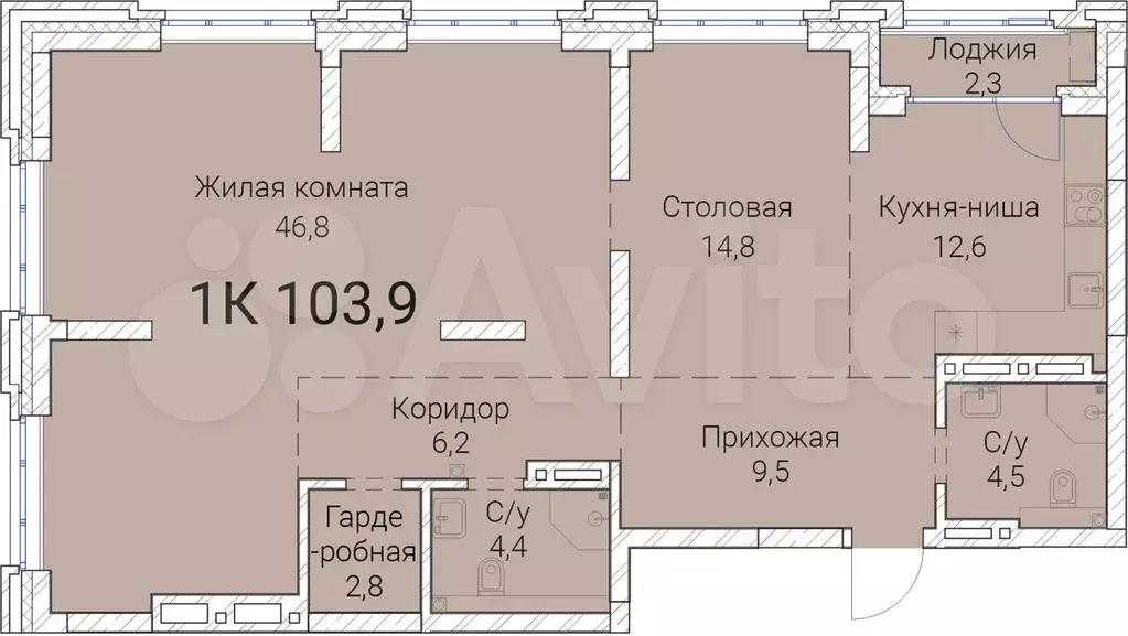 1-к. квартира, 103,9 м, 22/25 эт. - Фото 0