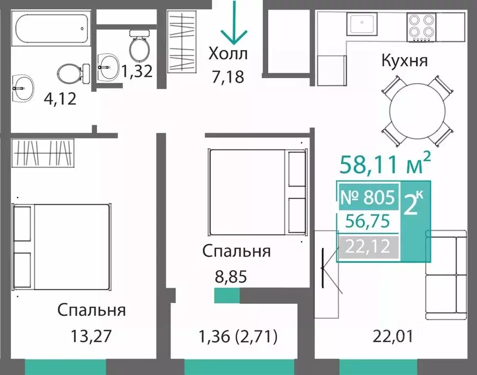 2-к кв. Крым, Симферополь Крымская роза мкр,  (58.11 м) - Фото 0