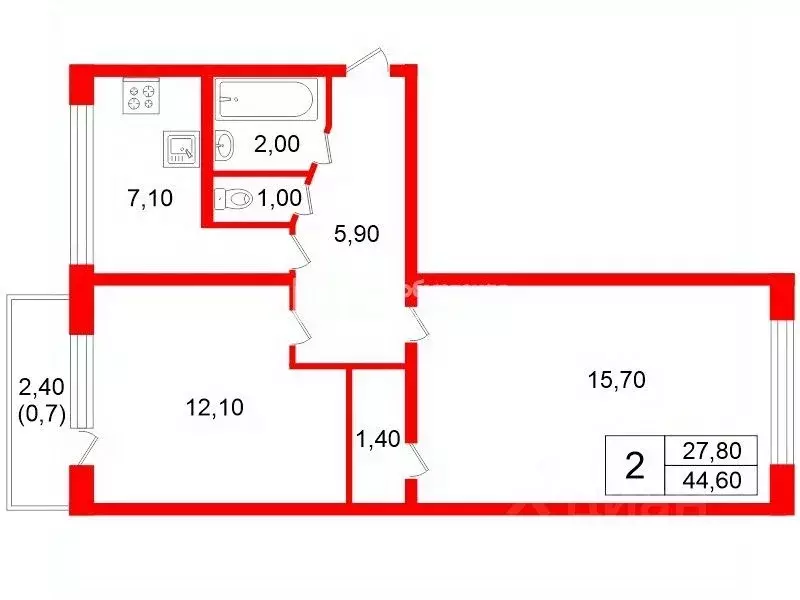2-к кв. Санкт-Петербург Гражданский просп., 117К4 (44.6 м) - Фото 2