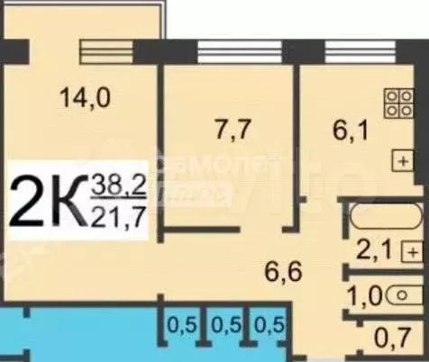 2-к. квартира, 38,1 м, 4/9 эт. - Фото 0