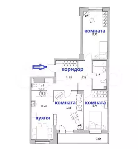 3-к. квартира, 91,1 м, 3/24 эт. - Фото 0
