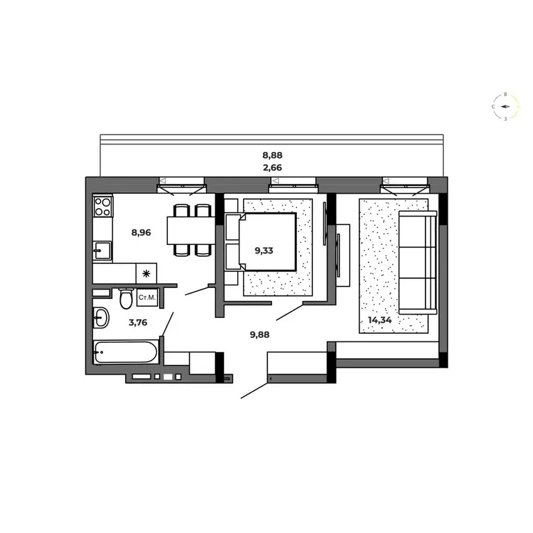 2-к квартира, 49.12 м - Фото 0