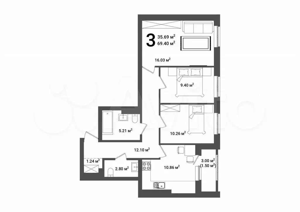 3-к. квартира, 69,5 м, 14/25 эт. - Фото 1