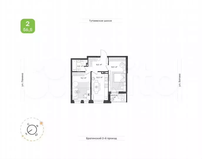 2-к. квартира, 56,5м, 5/9эт. - Фото 0