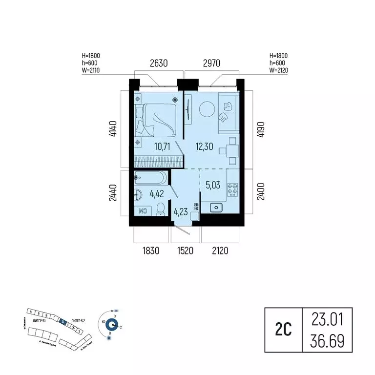 2-комнатная квартира: Уфа, Советский район, порт Уфа (36.69 м) - Фото 0