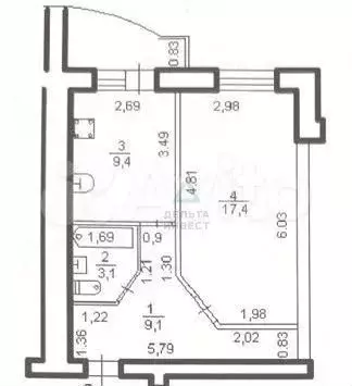 1-к. квартира, 39,4 м, 4/9 эт. - Фото 0
