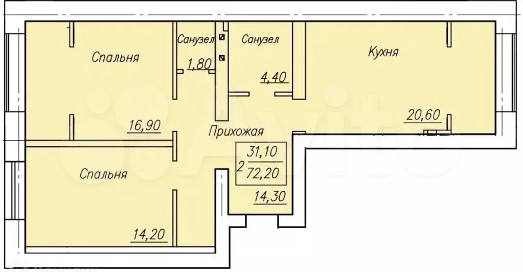 2-к. квартира, 72 м, 3/4 эт. - Фото 0