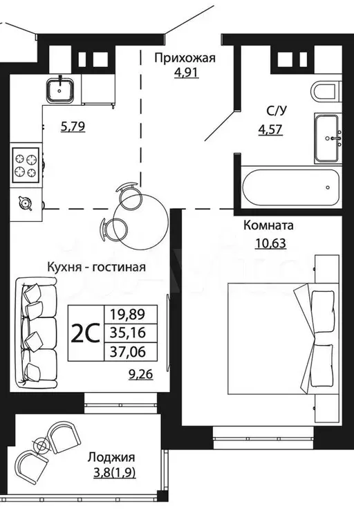 1-к. квартира, 37 м, 5/24 эт. - Фото 0