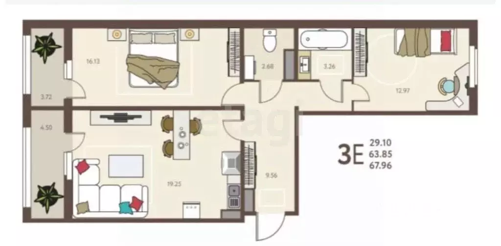 3-к кв. Липецкая область, Липецк ул. Механизаторов, 15А (67.96 м) - Фото 2