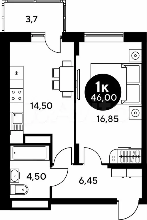 1-к. квартира, 46 м, 3/9 эт. - Фото 1