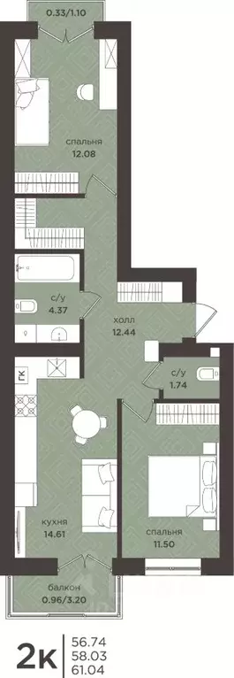 2-к кв. Калининградская область, Гурьевск  (58.03 м) - Фото 1