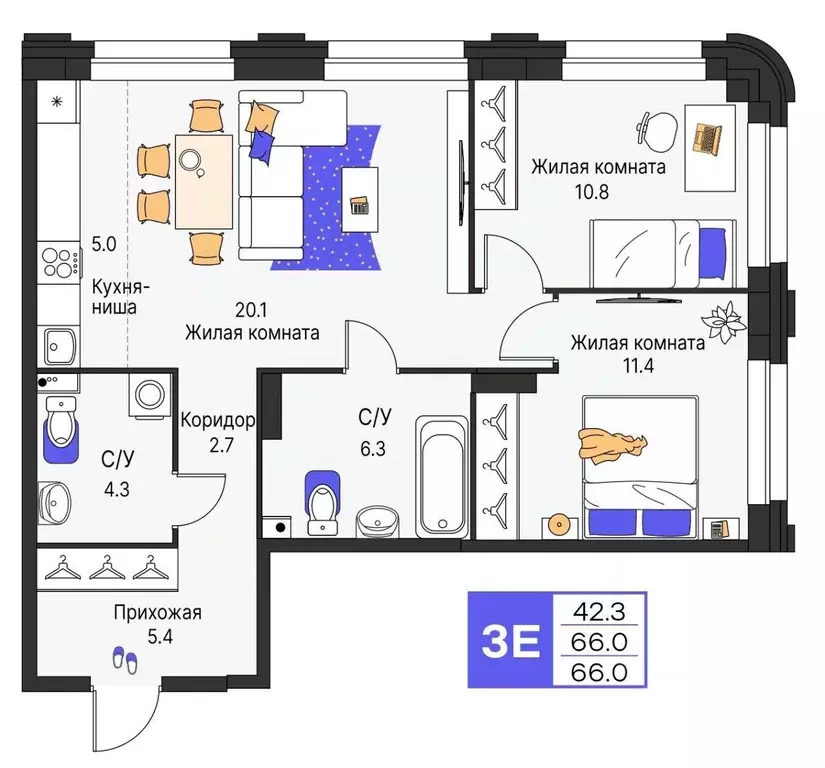 3-к кв. Пермский край, Пермь ул. Карла Модераха, 7 (66.0 м) - Фото 1
