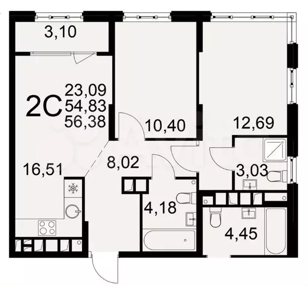 2-к. квартира, 56,4 м, 20/22 эт. - Фото 1