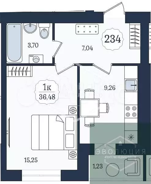 1-к. квартира, 36,5 м, 2/9 эт. - Фото 0
