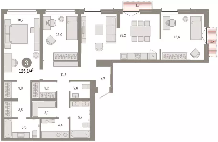 3-комнатная квартира: Тюмень, улица Республики, 205к2 (125 м) - Фото 2