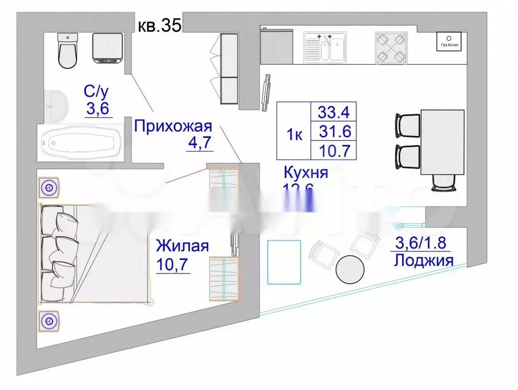 1-к. квартира, 34 м, 8/8 эт. - Фото 1