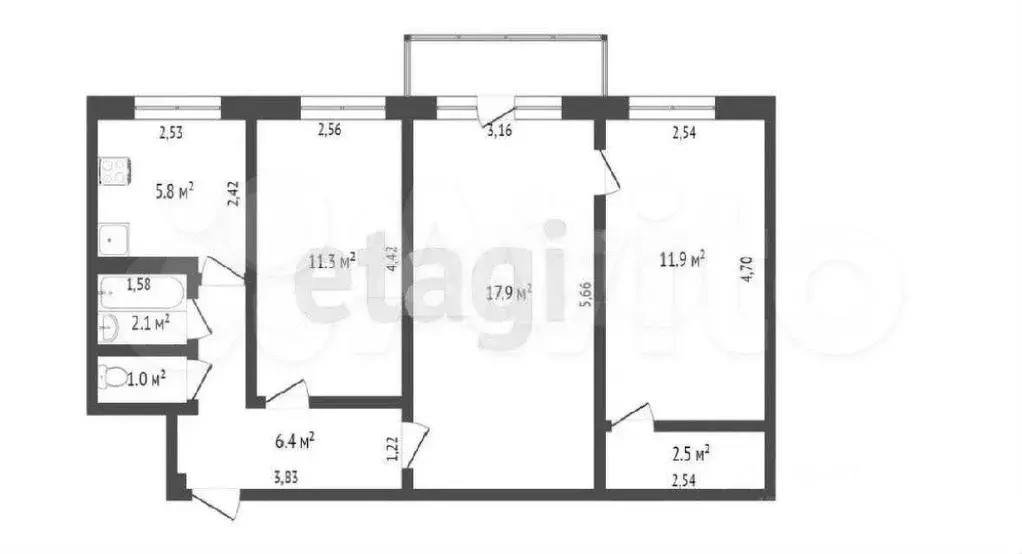 3-к. квартира, 57 м, 2/5 эт. - Фото 0