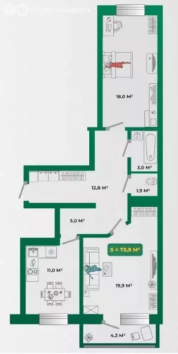 2-комнатная квартира: Абакан, улица Стофато, 16А (72.9 м) - Фото 1