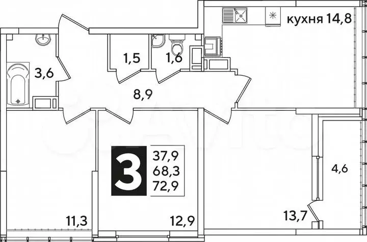 3-к. квартира, 72,9 м, 15/16 эт. - Фото 1