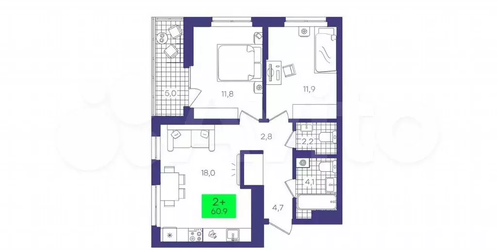 2-к. квартира, 60,9 м, 12/15 эт. - Фото 1
