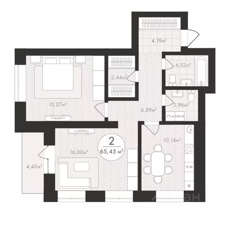 2-к кв. Башкортостан, Уфа Южный-2 мкр,  (65.45 м) - Фото 1