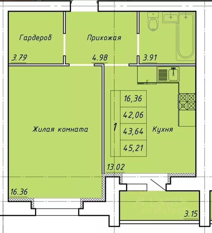 1-к кв. Тамбовская область, Тамбов ул. Гастелло, 109Б (45.21 м) - Фото 1