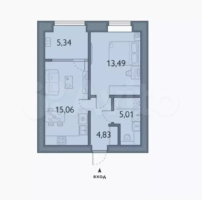 1-к. квартира, 43,7м, 6/8эт. - Фото 1