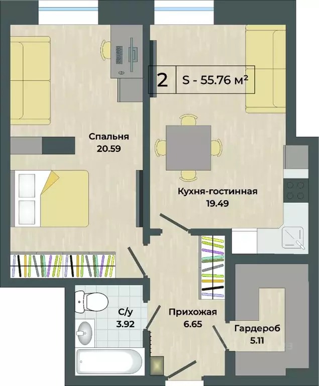 2-к кв. Челябинская область, Миасс Комарово мкр,  (55.76 м) - Фото 0