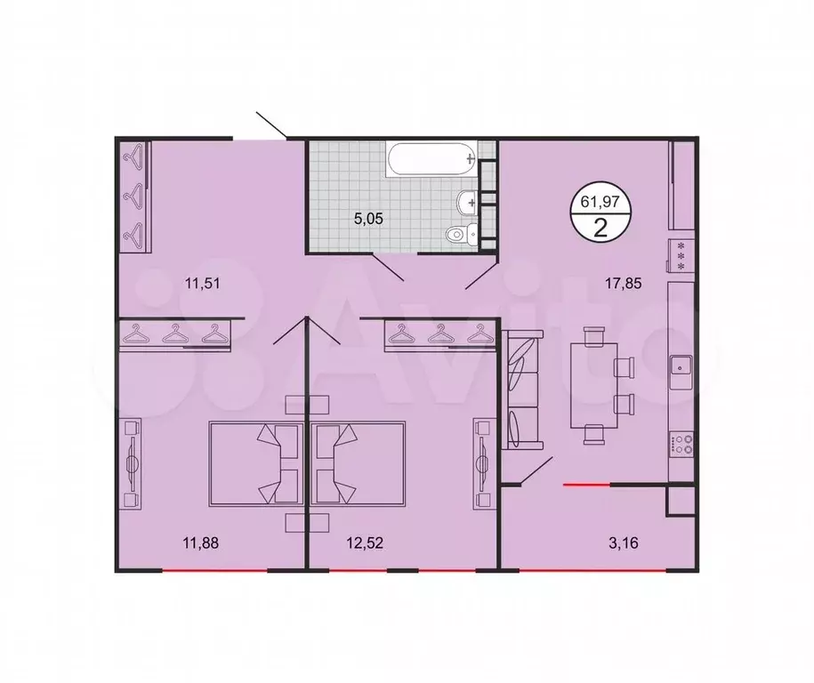 2-к. квартира, 61 м, 4/5 эт. - Фото 0