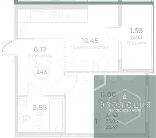1-к. квартира, 35,1 м, 7/10 эт. - Фото 0