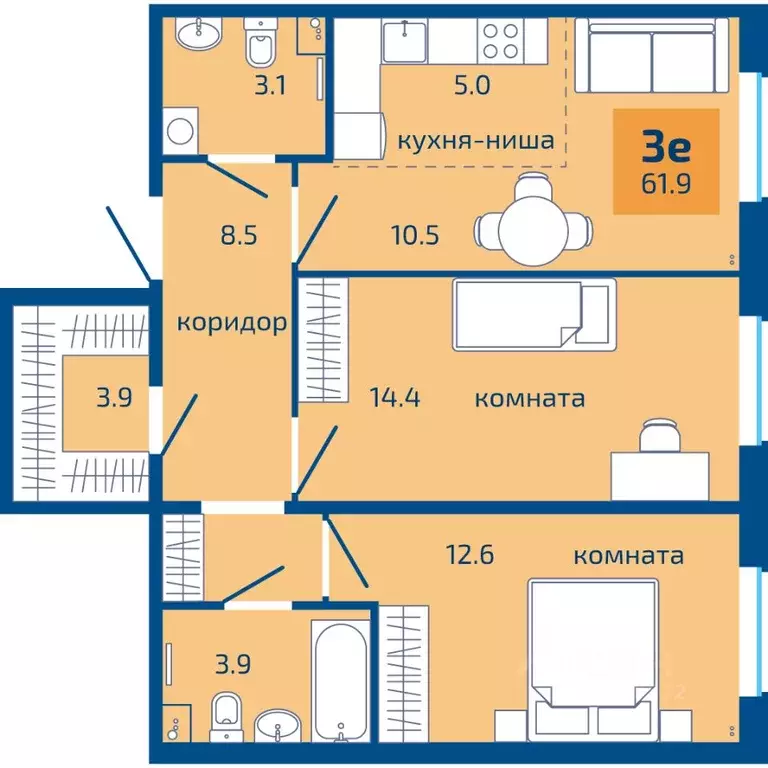 3-к кв. Пермский край, Пермь ул. Старшего Лейтенанта Гачегова, 1 (61.9 ... - Фото 1