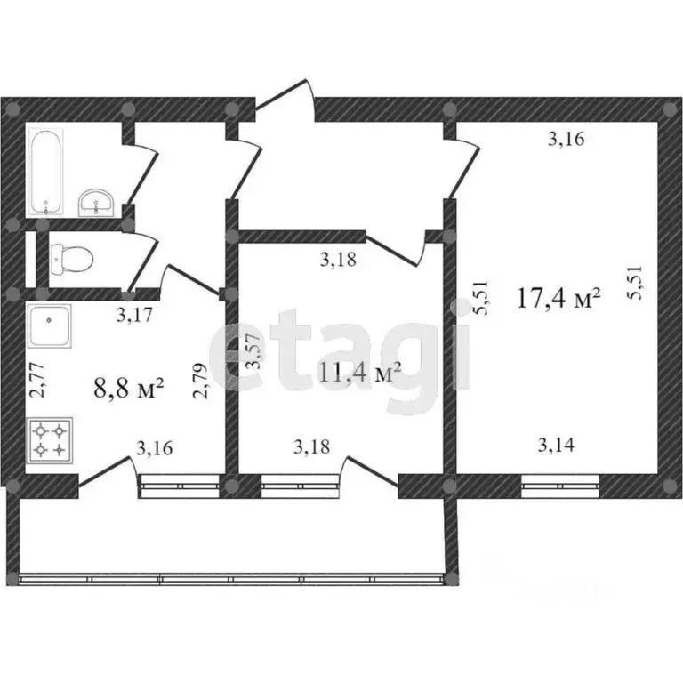 2-к кв. Белгородская область, Белгород ул. Есенина, 44а (54.0 м) - Фото 1