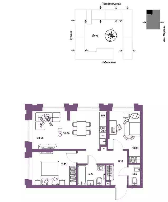 3-к кв. Тюменская область, Тюмень Береговая ул., 100к2 (56.06 м) - Фото 1