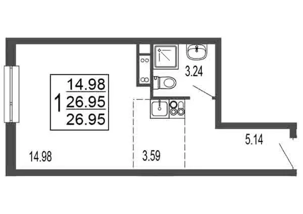 Квартира-студия: Лыткарино, 6-й микрорайон, 15Д (26.95 м) - Фото 1