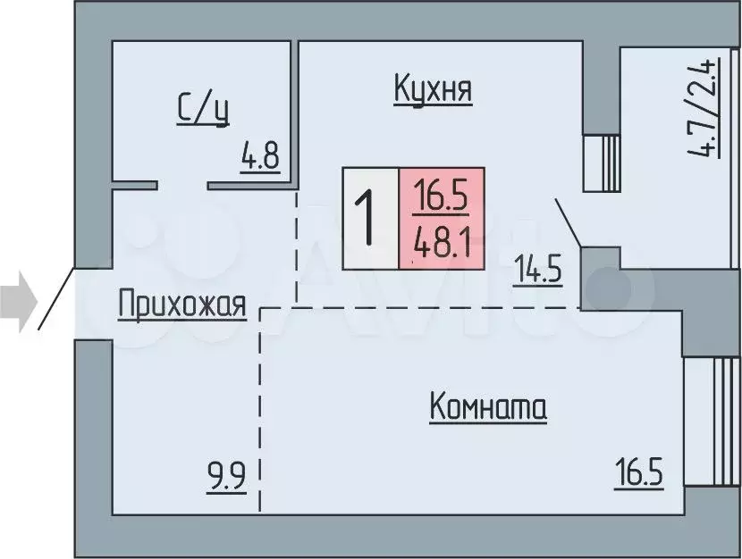 1-к. квартира, 48,1 м, 1/17 эт. - Фото 0