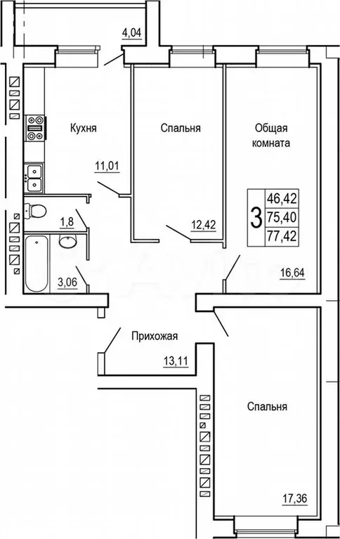 3-к. квартира, 78,7 м, 5/9 эт. - Фото 1